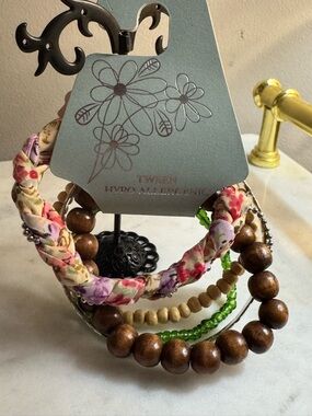 Floral Fabric & Wood Bead Bracelet Stack - Pink, Green, Brown